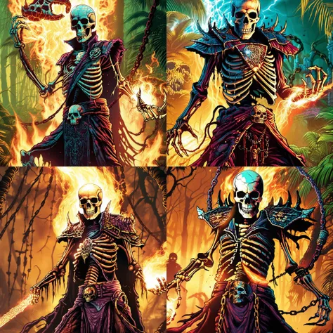 skeleton warrior mage casting firespell wearing tethered robe and partial chain armor, cracked skull, exposed brain, horrible terror, gore, blood, in jungle by dnmumfrd <lora:dan_mumford:1> cornell box