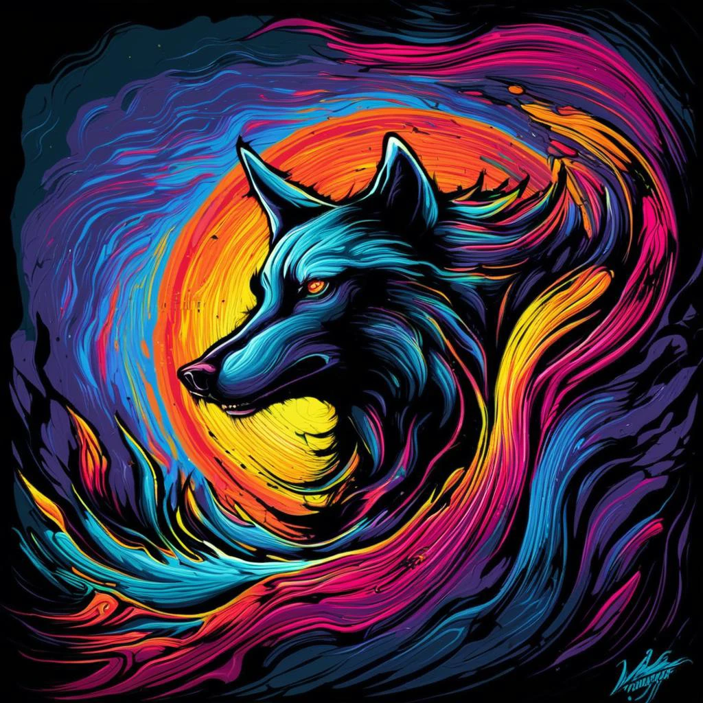 horrifying wolf emerging from darkness by dnmumfrd <lora:dan_mumford_v09:1.7>, vibrant colors, rim lighting,, abstract expressionist painting . energetic brushwork, bold colors, abstract forms, expressive, emotional, expressionist . raw, emotional, dynamic, distortion for emotional effect, vibrant, use of unusual colors, detailed, Pop Art style . bright colors, bold outlines, popular culture themes, ironic or kitsch
