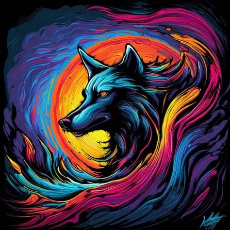 horrifying wolf emerging from darkness  by dnmumfrd <lora:dan_mumford_v09:1.7>, vibrant colors, rim lighting,, abstract expressionist painting  . energetic brushwork, bold colors, abstract forms, expressive, emotional, expressionist  . raw, emotional, dynamic, distortion for emotional effect, vibrant, use of unusual colors, detailed, Pop Art style  . bright colors, bold outlines, popular culture themes, ironic or kitsch