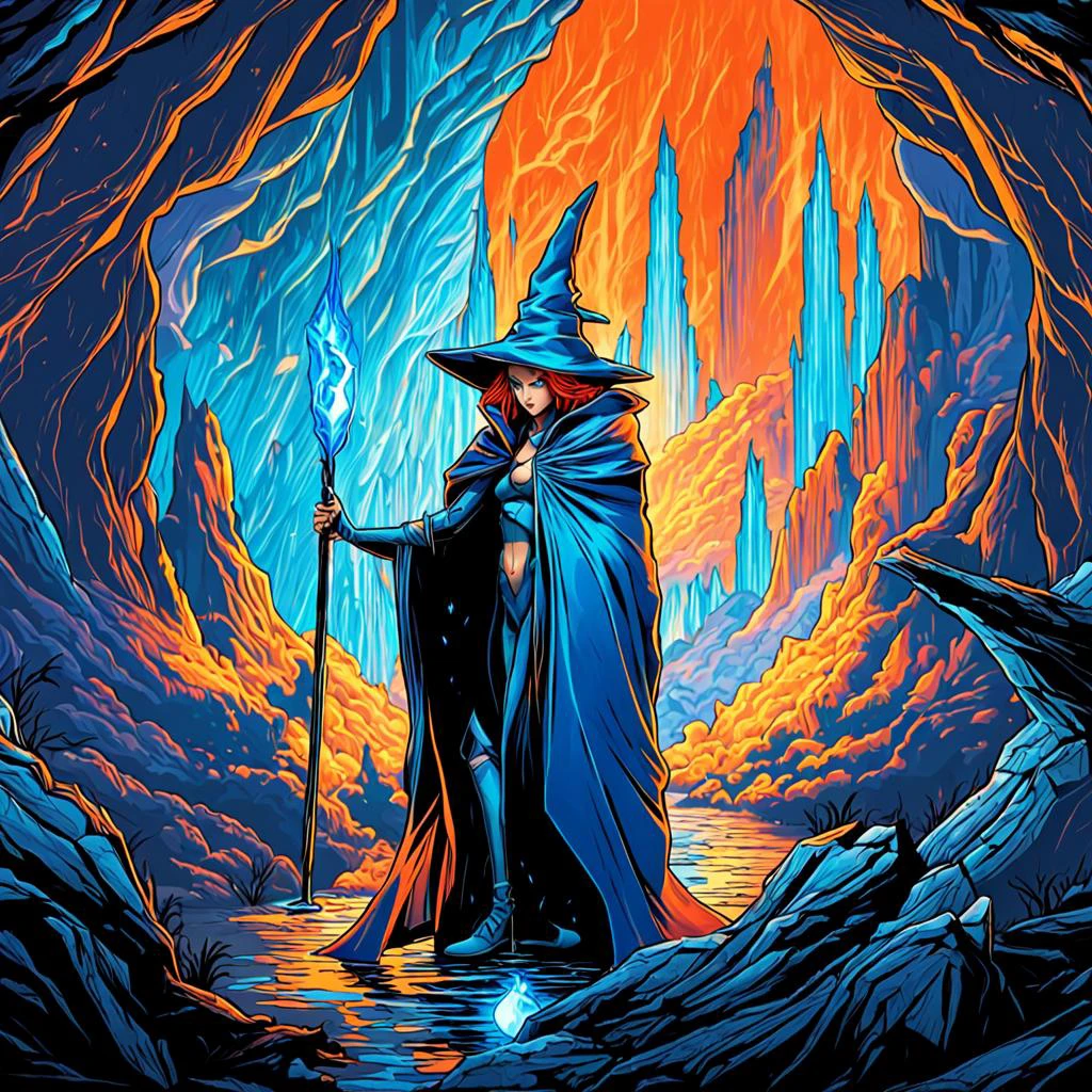 masterpiece, best quality, angry goblin witch in the forest with arms crossed wearing a blue pointy hat and orange hair and a blue cape and red cloak by dnmumfrd <lora:dan_mumford_v09:1.2>, Crystal Caverns . Majestic underground city carved from stunning natural crystal formations, translucent spires, glittering architecture, sci-fi style . futuristic, technological, alien worlds, space themes, advanced civilizations, techwear fashion . futuristic, cyberpunk, urban, tactical, sleek, dark, highly detailed, Heroic Realist sculpture . Figures with idealized musculature posing dynamically, celebrating ideals of mass utopian culture, Kinetic sculpture . Moving parts, plays of light, floating shapes, real motion that transforms itself