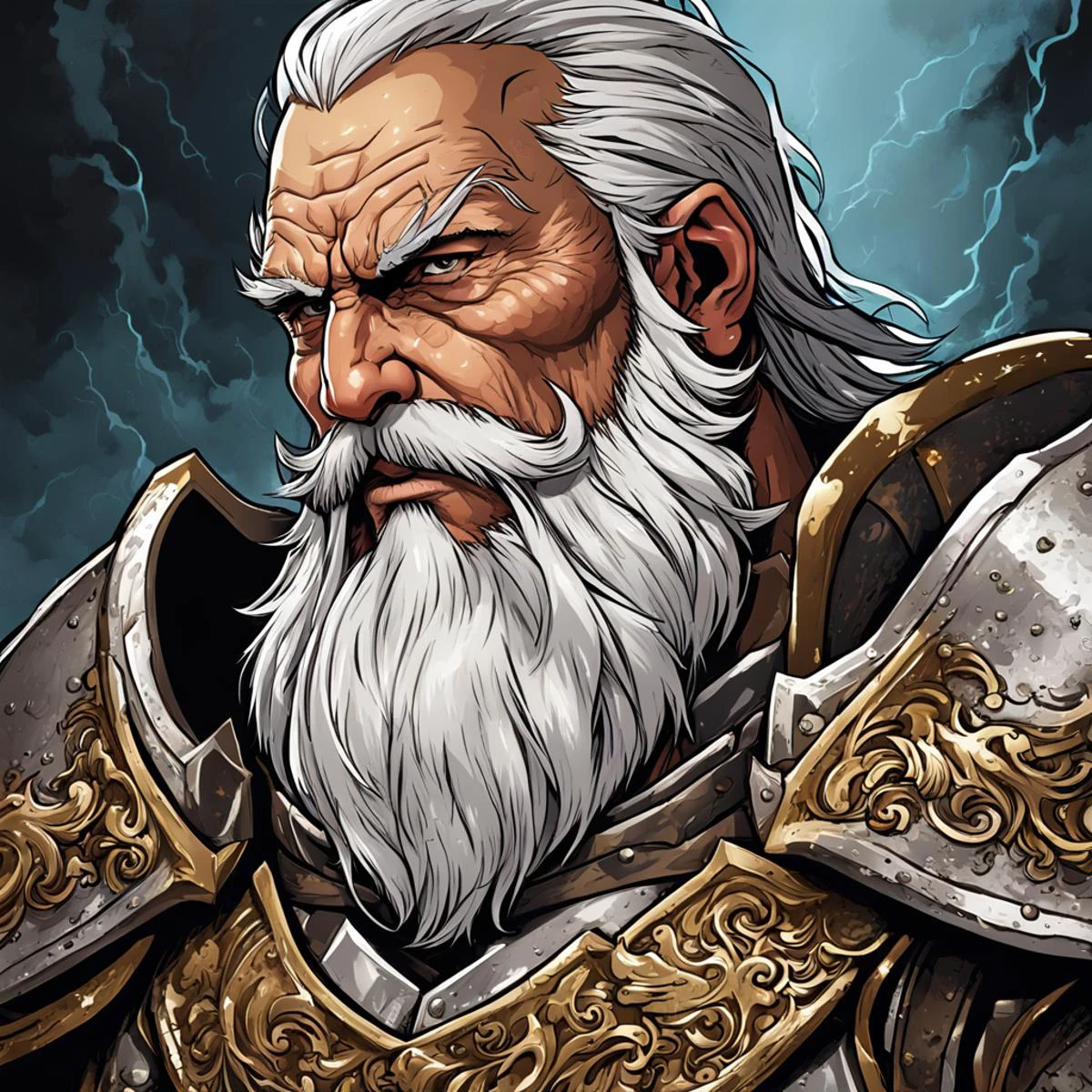 masterpiece, (2d digital art illustration:1.2), best quality, holy paladin old age, white beard, in steel armor, beaten up by fighting, by dnmumfrd <lora:dan_mumford_v1g:9.5>, (vector graphics, celshading:1.2), (rim lighting, dramatic lighting:1.2), anime, breathtaking . award-winning, professional, highly detailed