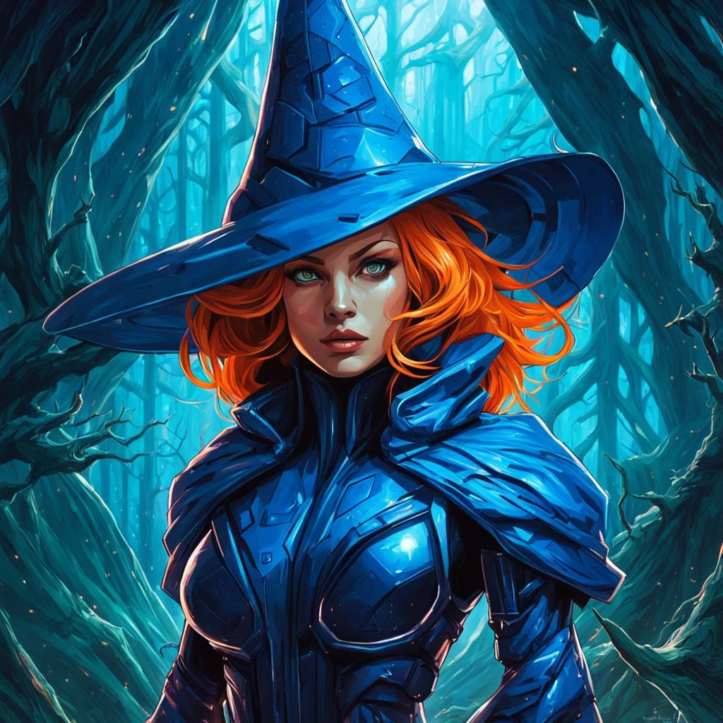 masterpiece, best quality, angry female witch in the forest with arms crossed wearing a blue pointy hat and orange hair and a blue cape and blue cloak by dnmumfrd <lora:dan_mumford_v1:1.2>, Crystal Caverns . Majestic underground city carved from stunning natural crystal formations, translucent spires, glittering architecture, sci-fi style . futuristic, technological, alien worlds, space themes, advanced civilizations, techwear fashion . futuristic, cyberpunk, urban, tactical, sleek, dark, highly detailed, Heroic Realist sculpture . Figures with idealized musculature posing dynamically, celebrating ideals of mass utopian culture, Kinetic sculpture . Moving parts, plays of light, floating shapes, real motion that transforms itself