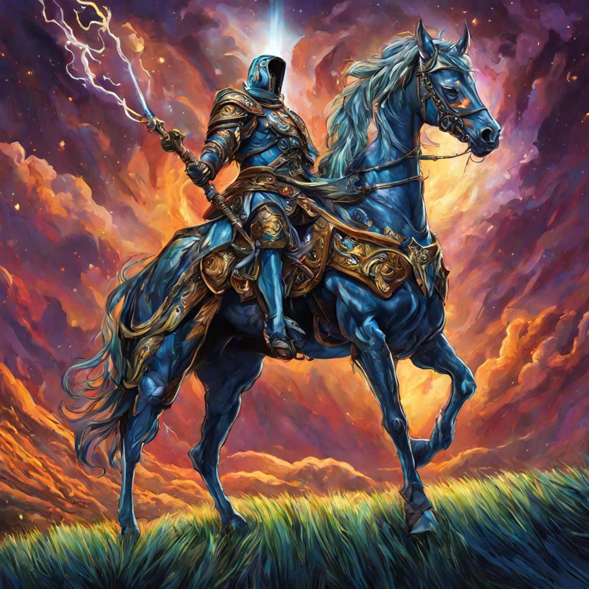 (professional illustration 2d:2.5) breathtaking artwork Epic wide angle illustration of holy paladin in armor made out of (opalescent irradiance:1.25) and colorful energy, space nebula and iridescent colors, excessive energy jolttech in the shape of a horse, running in a grassfield at night by dnmumfrd <lora:dan_mumford_v1g:14>, . , key visual, vibrant, highly detailed . award-winning, professional, highly detailed , highly detailed, volumetric, dramatic lighting,,vector graphics, celshading, digital art, breathtaking . award-winning, professional, highly detailed