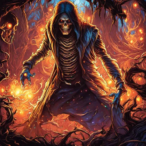 professional 3d model breathtaking anime artwork skeleton mage deep glowing eyes casting a (fire spell:1.4) wearing tethered appeal, horrible terror, gore, blood, in a (dark:1.3) dungeon by dnmumfrd <lora:dan_mumford_v09:1.7> cornell box . key visual, vibrant, studio anime, highly detailed . award-winning, professional, highly detailed . octane render, highly detailed, volumetric, (dramatic lighting, rim lighting:3), (dark horror theme:3) (illustration:2), (cracked skull:1.5) cel shading, (perfect drawing:2), cinematic film still . shallow depth of field, vignette, highly detailed, high budget, bokeh, cinemascope, moody, epic, gorgeous, film grain, grainy, breathtaking . award-winning, professional, highly detailed, horror-themed . eerie, unsettling, dark, spooky, suspenseful, grim, highly detailed, disco-themed . vibrant, groovy, retro 70s style, shiny disco balls, neon lights, dance floor, highly detailed, long exposure photo of . Blurred motion, streaks of light, surreal, dreamy, ghosting effect, highly detailed