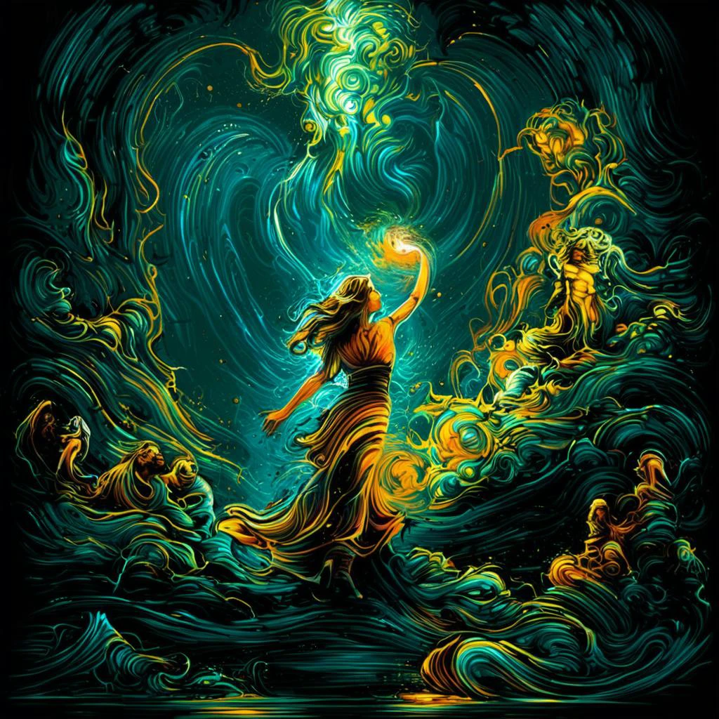 (masterpiece, best quality:1.4), light painting, (long exposure:1.2),dynamic streaks, luminous trails, vibrant colors, fluid movement, captivating patterns, creative experimentation,(1girl),(highest detailed),(cowboy shot:1.2),dynamic poseby dnmumfrd <lora:dan_mumford_v09:2.2>, Crystal Caverns . Majestic underground city carved from stunning natural crystal formations, translucent spires, glittering architecture, Heroic Realist sculpture . Figures with idealized musculature posing dynamically, celebrating ideals of mass utopian culture, Kinetic sculpture . Moving parts, plays of light, floating shapes, real motion that transforms itself, horror-themed . eerie, unsettling, dark, spooky, suspenseful, grim, highly detailed, tilt-shift photo of . Selective focus, miniature effect, blurred background, highly detailed, vibrant, perspective control, Art nouveau style . Ornate organic pattern, floral motifs, curving lines, elegant decoration, gold accents