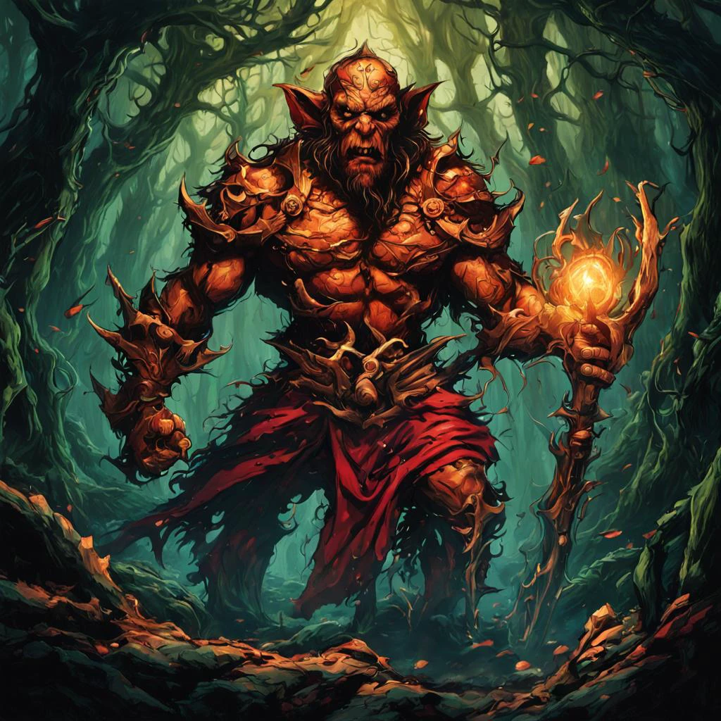 masterpiece, 2d digital art illustration, (perfect drawing:1.8), best quality, (angry goblin warrior:1.4) in the forest with arms crossed wearing tethered dirty appeal and red cloak by dnmumfrd <lora:dan_mumford_v1:1.3>, Crystal Caverns . Majestic underground city carved from stunning natural crystal formations, translucent spires, glittering architecture, Heroic . idealized musculature posing dynamically, celebrating ideals of mass utopian culture, Kinetic . Moving parts, plays of light, floating shapes, real motion that transforms itself, horror-themed . eerie, unsettling, dark, spooky, suspenseful, grim, highly detailed, tilt-shift . Selective focus, blurred background, highly detailed, vibrant, perspective control, Ornate organic pattern, floral motifs, curving lines, elegant decoration, gold accents, cinematic film still . shallow depth of field, vignette, highly detailed, high budget, bokeh, cinemascope, moody, epic, gorgeous, film grain, grainy, breathtaking . award-winning, professional, highly detailed, horror-themed . eerie, unsettling, dark, spooky, suspenseful, grim, highly detailed, long exposure photo of . Blurred motion, streaks of light, surreal, dreamy, ghosting effect, highly detailed