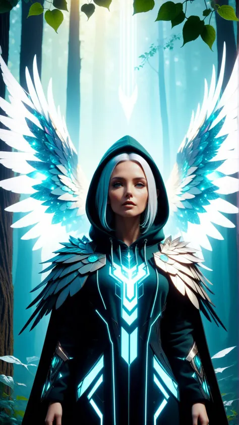 <lora:CyberpunkWorldXL:1>CyberpunkWorld Style-GravityMagic, portrait, looking up, solo, (full body:0.6), detailed background, detailed face, (<lora:FragRealityTech:0.6>, shattered warped reality, fragrealitytech theme:1.1), enigmatic, druid, wearing (Turquoise:0.7) hooded robe, armbands, outdoors, overgrown thicket, ivy, glowing crystals, surrounded by enigmatic power, colorful feathers, **(wings:1.4), whispers of ancient incantations, woodland songs, mystical chants, elemental harmony, low light, mysterious atmosphere,, cyberpunk, sci-fi, tech, 24mm, (analog, cinematic, film grain:1.3), Bokeh DOF, (Masterpiece:1.3) (best quality:1.2) (high quality:1.1)