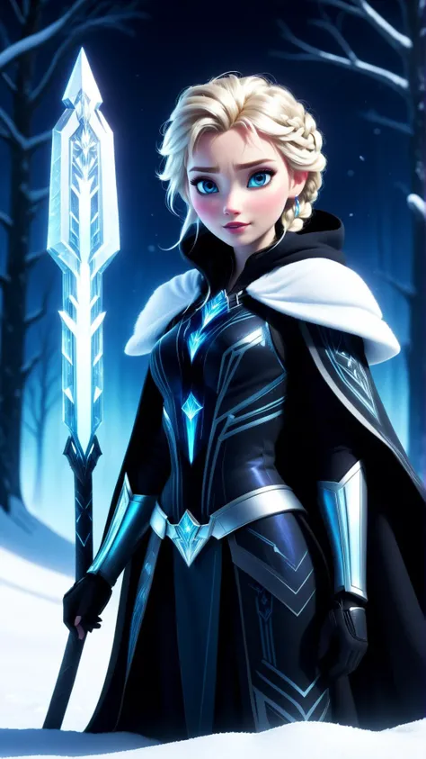 <lora:CyberpunkWorldXL:1>CyberpunkWorld  solo, (full body:0.6), detailed background, detailed face, (<lora:GothicPunkAI:0.5>, gothicpunkai, gothic theme:1.1),Indigo winter warrior, (glowing eyes:1.05), stoic expression,  guardian, dynamic pose, hooded robe, cape, enchanted icy pendant,  surrounded by magical glow,   cold, frozen blade,  snowy background, snow-capped mountains, in background snowstorm, cinematic atmosphere, **(disney frozen, elsa, anna:1.2),**, cyberpunk, sci-fi, tech, 24mm, (analog, cinematic, film grain:1.3), Bokeh DOF, (Masterpiece:1.3) (best quality:1.2) (high quality:1.1)