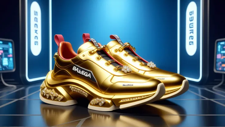 <lora:CyberpunkWorldXL:1>CyberpunkWorld futuristic balenciaga sneakers, nft art, highly detailed, hyper realistic, a ton of bussdown iced gold bling in wallace & gromit strata - cut claymation, ultra realistic, concept art, intricate details, serious, highly detailed, photorealistic, octane render, 8 k, unreal engine, cyberpunk, sci-fi, tech, 24mm, (analog, cinematic, film grain:1.3), Bokeh DOF, (Masterpiece:1.3) (best quality:1.2) (high quality:1.1)