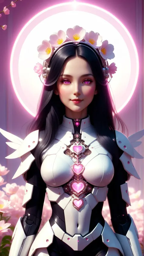 <lora:CyberpunkWorldXL:1>CyberpunkWorld  portrait, looking at viewer, solo, (full body:0.6), detailed background, close up, shining (victorian theme:1.1), divine 75%deity of love, soft smile, bright eyes, flowers, (small floating hearts:0.8), pink light, pink ethereal background, majestic divine atmosphere, bright light, holy aura, bloom, halo above head, divine light, white clothes,    , cyberpunk, sci-fi, tech, 24mm, (analog, cinematic, film grain:1.3), Bokeh DOF, (Masterpiece:1.3) (best quality:1.2) (high quality:1.1)