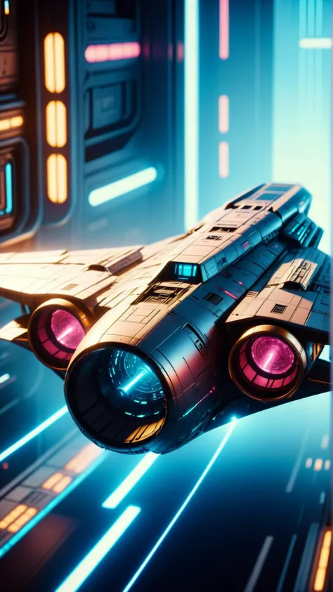 <lora:CyberpunkWorldXL:1>CyberpunkWorld spaceship, cyberpunk, sci-fi, tech, 24mm, (analog, cinematic, film grain:1.3), Bokeh DOF, (Masterpiece:1.3) (best quality:1.2) (high quality:1.1)