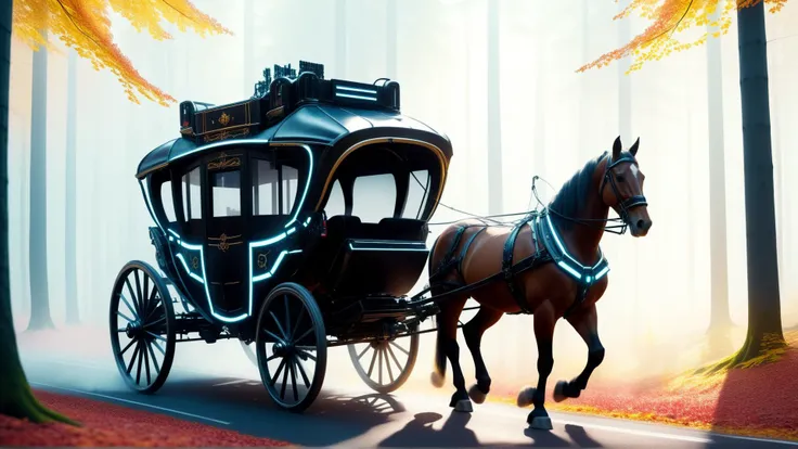 <lora:CyberpunkWorldXL:1>CyberpunkWorld a horse-drawn carriage passing through a scenic autumn forest, cyberpunk, sci-fi, tech, 24mm, (analog, cinematic, film grain:1.3), Bokeh DOF, (Masterpiece:1.3) (best quality:1.2) (high quality:1.1)