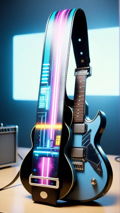 <lora:CyberpunkWorldXL:1>CyberpunkWorld Guitar strap, cyberpunk, sci-fi, tech, 24mm, (analog, cinematic, film grain:1.3), Bokeh DOF, (Masterpiece:1.3) (best quality:1.2) (high quality:1.1)