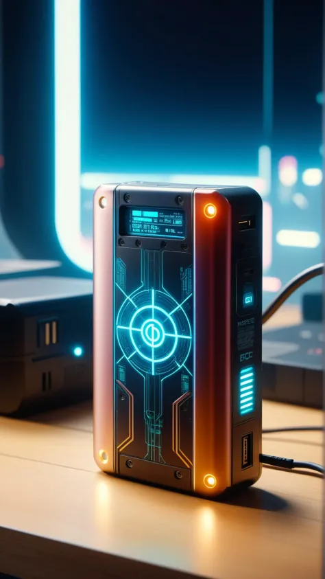 <lora:CyberpunkWorldXL:1>CyberpunkWorld compact portable charger, cyberpunk, sci-fi, tech, 24mm, (analog, cinematic, film grain:1.3), Bokeh DOF, (Masterpiece:1.3) (best quality:1.2) (high quality:1.1)
