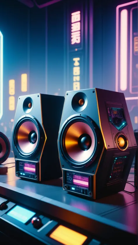 <lora:CyberpunkWorldXL:1>CyberpunkWorld Speakers, cyberpunk, sci-fi, tech, 24mm, (analog, cinematic, film grain:1.3), Bokeh DOF, (Masterpiece:1.3) (best quality:1.2) (high quality:1.1)