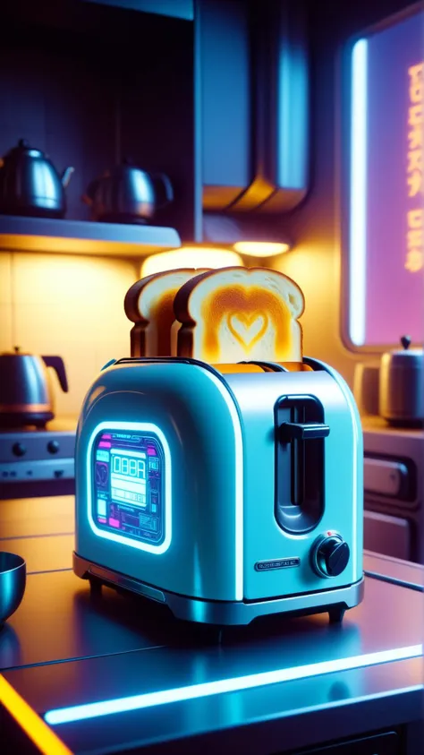 <lora:CyberpunkWorldXL:1>CyberpunkWorld Toaster, cyberpunk, sci-fi, tech, 24mm, (analog, cinematic, film grain:1.3), Bokeh DOF, (Masterpiece:1.3) (best quality:1.2) (high quality:1.1)