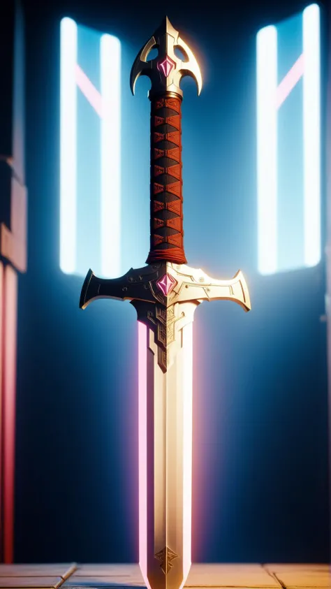 <lora:CyberpunkWorldXL:1>CyberpunkWorld sword, cyberpunk, sci-fi, tech, 24mm, (analog, cinematic, film grain:1.3), Bokeh DOF, (Masterpiece:1.3) (best quality:1.2) (high quality:1.1)