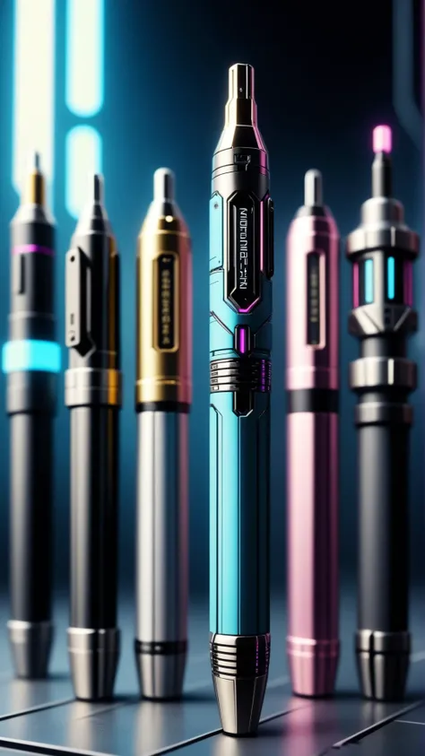 <lora:CyberpunkWorldXL:1>CyberpunkWorld Pens, cyberpunk, sci-fi, tech, 24mm, (analog, cinematic, film grain:1.3), Bokeh DOF, (Masterpiece:1.3) (best quality:1.2) (high quality:1.1)