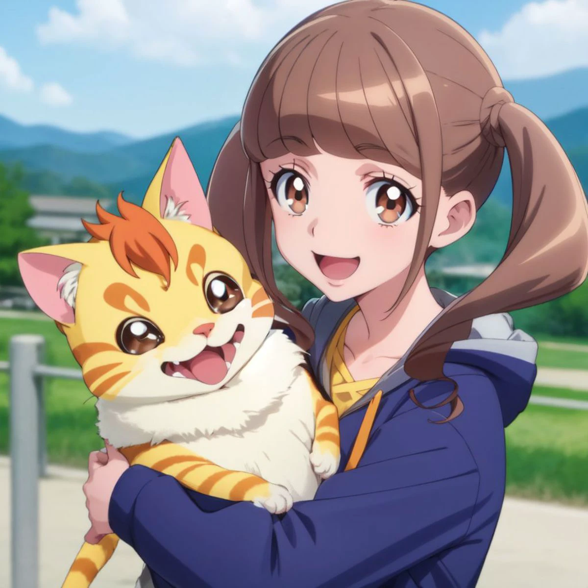 <lora:HiramitsuHinata-2R:0.8> hiramitsuhinata, twintails, collarbone, jacket, shirt, open jacket, hood
happy,kind smile,
girl hug a cat
, cat
(8k:1.2),photo,(epic,:1.2) scenery,