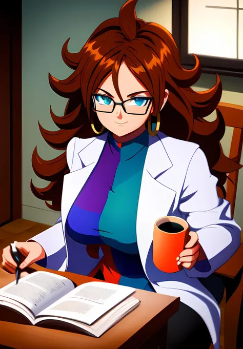 (Photo:1.3), highdetail, <lora:Android21:0.8>, Android21, 1girl, solo, looking at viewer, smile, blue eyes, brown hair, dress, jewelry, sitting, pantyhose, glasses, indoors, cup, black pantyhose, chair, desk, black-framed eyewear, curly hair, mug, labcoat, pen, checkered clothes, monitor, multicolored dress, coffee mug, office chair, checkered dress, ((portrait,)), (acclaimed, alluring, captivating, exciting, gorgeous, striking:1.3), (trending on artstation:1.3)