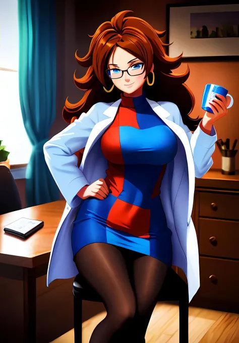 (Photo:1.3), highdetail, <lora:Android21:0.8>, Android21, 1girl, solo, looking at viewer, smile, blue eyes, brown hair, dress, jewelry, sitting, pantyhose, glasses, indoors, cup, black pantyhose, chair, desk, black-framed eyewear, curly hair, mug, labcoat, pen, checkered clothes, monitor, multicolored dress, coffee mug, office chair, checkered dress, ((portrait,)), (acclaimed, alluring, captivating, exciting, gorgeous, striking:1.3), (trending on artstation:1.3)