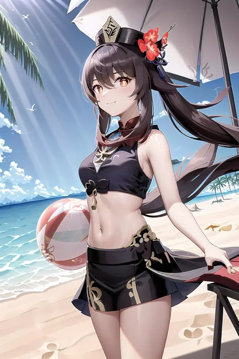 masterpiece, best quality, <lora:hutao:1>,hutao\(genshin\),1girl,solo,beach, (beachball, beach umbrella), ocean, horizon, mountain, sky, cloud, wind, sunlight, sun, fantasy, bird, plant, natural lighting, ultraviolet, cliff, beach chair, blue hawaii, sand, palm tree, coconut tree, gloomy, sunbeam, light rays