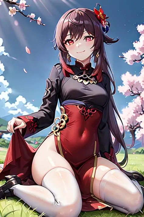 (((masterpiece))),best quality, <lora:hutao:0.7>, hutao\(genshin\), 1girl,brown hair,(red eyes), (plum blossom shaped eyes), (beautiful detailed eyes), seductive smile, closed mouth, wariza/w-sitting, medium breasts, long dress,(((red dress))),long sleeves,black footwear,earrings, ((white thighhighs)), cloud, sky, beautiful detailed sky,landscape, in a meadow,