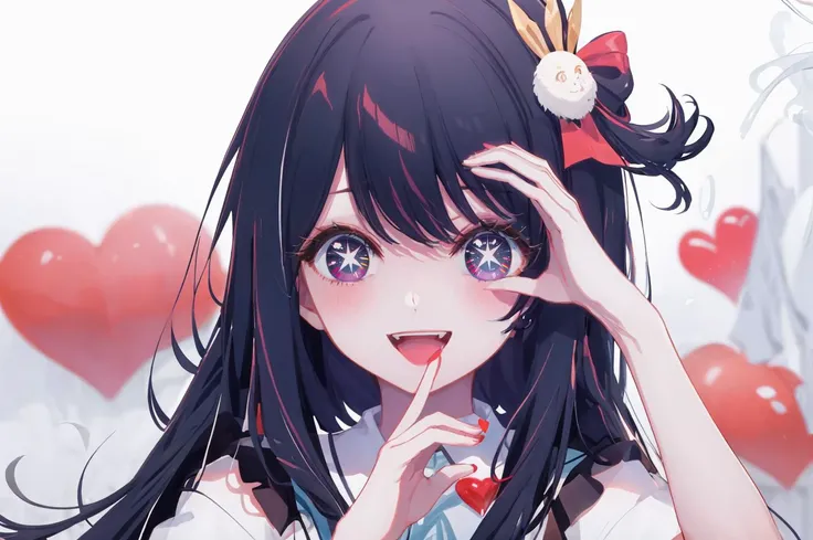 1girl,side tail, black hair, long straight hair, eyes sparkling with star , hair accessory, white ribbon, slender, blushing, grinning, stick out one's tongue,(((pupils sparkling, star-shaped pupils)), more big eyes,(medium breasts),white dress clothes,stage outfit, background, city, blue sky, day, (hologram:1.3) , Negative prompts
(worst quality:2), (low quality:2), easynegative, long ears, beast ears, elf eyes, ears accessory, verybadimagenegative_v1.3,badhandv4,nsfw,(night:1.2),multiple angle,blurry,longbody, lowres, bad anatomy, bad hands, missing fingers, pubic hair,extra digit, fewer digits, cropped, worst quality, low quality,text,error,fewer digits,cropped,worst quality,low quality,normal quality,jpeg artifacts,signature,watermark,username,blurry,missing fingers,bad hands,missing arms,large breasts,head_out_of_frame,2koma,panel layout,