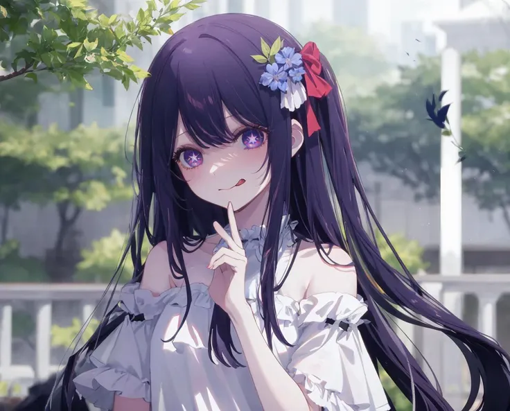 masterpiece, best quality,highres, 1girl, tongue out, solo, masterpiece, best quality,1girl, solo, sniffing the flower, blue flower bloosm, leaves, Foliage thicket, in the leaves,closed mouth, sunlight penetrate through leaves, dynamic angle, dramatic light, upper body, five fingers, long hair, pure white dress, bare shoulder, detailed eyes <lora:hoshinoAilocon-000015:0.8> , starpupil, closed up, eye focus, <lora:sheyalocon-000012:0.5>
