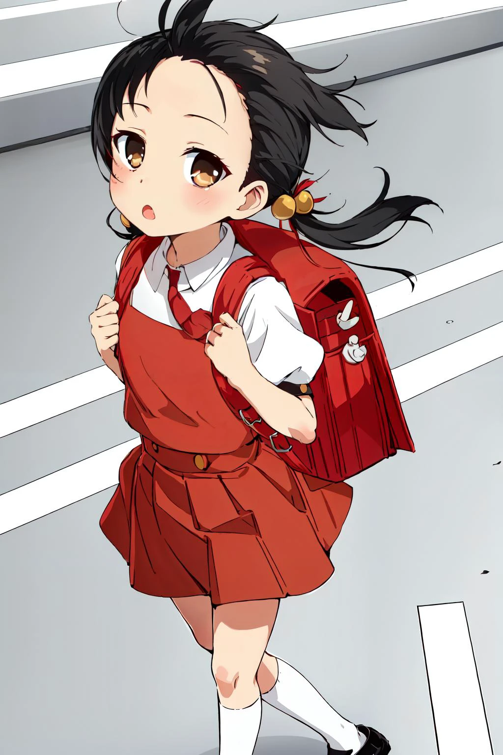 (masterpiece, best quality, high resolution),
cute face, kawaii, cute, very big eyes, Aesthetic Anime Eyes, small face,
<lora:Yukopi-KK77-V1:0.8>,
short twintails, black hair, hair bobbles, hair ornament, holding strap,
school uniform, shirt, short sleeves, red dress, red tie, puffy sleeves,
mary janes, white legwear, socks, kneehighs,
backpack, red school bag, a red purse is on her back, shoes,
:o,
from above,
(street:1.2), (wind),
looking at viewer,
1girl, solo,