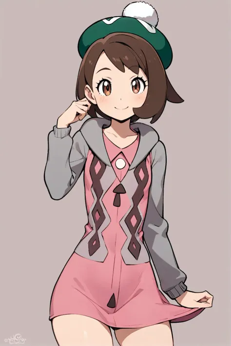 ((masterpiece,best quality)), highres, cute, curvy, eyelashes, gloria \(pokemon\), grey jacket, green hat, tam o' shanter, 1girl, hoodie, flat chest, head tilt, jpeg artifacts, hand up, english commentary, simple background, closed mouth, smile, looking at viewer, light blush, grey cardigan, solo, long sleeves, upper body, pink dress, happy, <lora:gloria_(pokemon):0.8>,
shirtspread, <lora:shirtspread_SDXL:0.6>