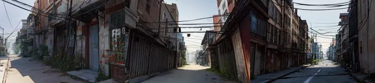 (otherworldly, otherworldly atmosphere, otherworldly appearance), highly insanely detailed, masterpiece, top quality, best quality, highres, 4k, 8k, RAW photo, 
outdoors, no humans, <lora:0180 Messy urban village_v1:1>, ruanyi0180, utility pole, power lines, clothesline, official art, (fantasy world)
