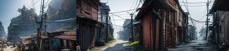 (otherworldly, otherworldly atmosphere, otherworldly appearance), highly insanely detailed, masterpiece, top quality, best quality, highres, 4k, 8k, RAW photo,
outdoors, no humans, <lora:0180 Messy urban village_v1:1>, ruanyi0180, utility pole, power lines, clothesline, official art, (fantasy world)