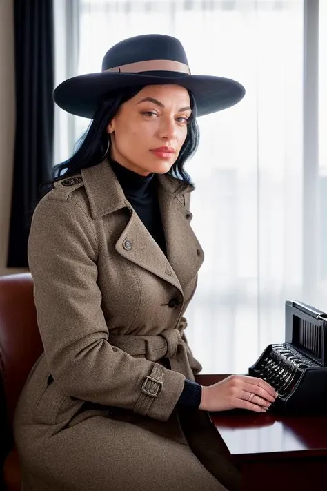DEN_mona_azar,
(a 1940s private investigator wearing a trench coat and rimmed hat sitting in a drab dank office at the desk using a typewriter, private investigator, 1940s:1.1),
bokeh, f1.4, 40mm, photorealistic, raw, 8k, textured skin, skin pores, intricate details <lora:epi_noiseoffset2:1>, epiCRealism <lora:ClothingAdjuster3:-1.3>