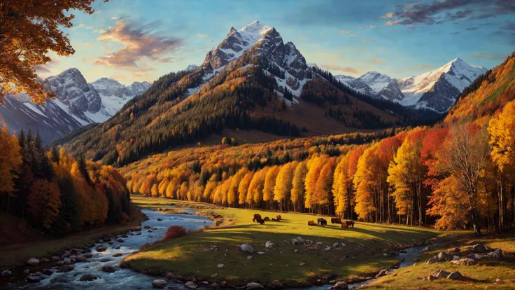 excellent oil painting of a mountain landscape in autumn, vibrant colors, powerfull style with epic dramatism, small willage, young passants and cows, river and lake, best quality, maximum quality, intricate details, ultrasahrp, ambient oclusion, realistic shadows, art by Bastien Lecouffe Deharme, 8k, oil art, <lora:add_detail:1> <lora:royta v1.1:0.4>