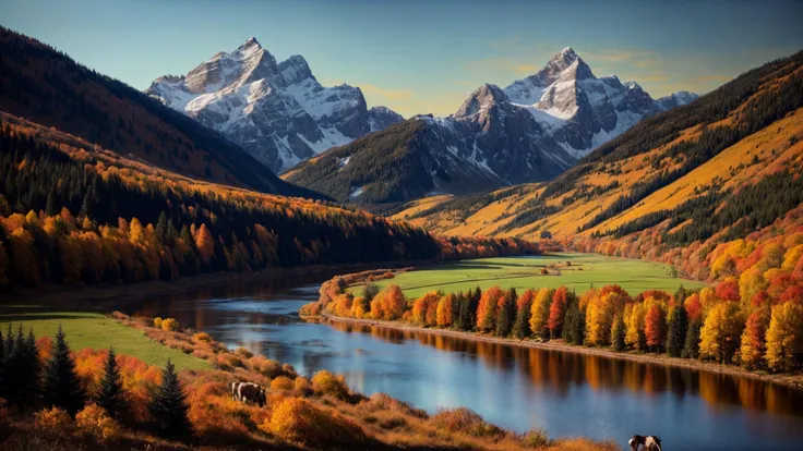 excellent oil painting of a mountain landscape in autumn, vibrant colors, powerfull style with epic dramatism, small willage, young passants and cows, river and lake, best quality, maximum quality, intricate details, ultrasahrp, ambient oclusion, realistic shadows, art by Bastien Lecouffe Deharme, 8k, oil art, <lora:add_detail:1> <lora:royta v1.1:0.4>