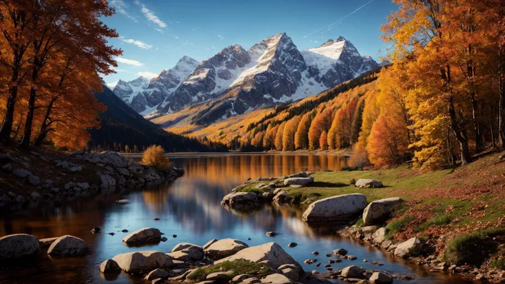 excellent oil painting of a mountain landscape in autumn, vibrant colors, powerfull style with epic dramatism, small willage, young passants and cows, river and lake, best quality, maximum quality, intricate details, ultrasahrp, ambient oclusion, realistic shadows, art by Bastien Lecouffe Deharme, 8k, oil art, <lora:add_detail:1> <lora:royta v1.1:0.4>