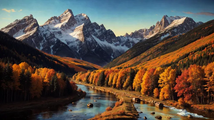 excellent oil painting of a mountain landscape in autumn, vibrant colors, powerfull style with epic dramatism, small willage, young passants and cows, river and lake, best quality, maximum quality, intricate details, ultrasahrp, ambient oclusion, realistic shadows, art by Bastien Lecouffe Deharme, 8k, oil art, <lora:add_detail:1> <lora:royta v1.1:0.4>