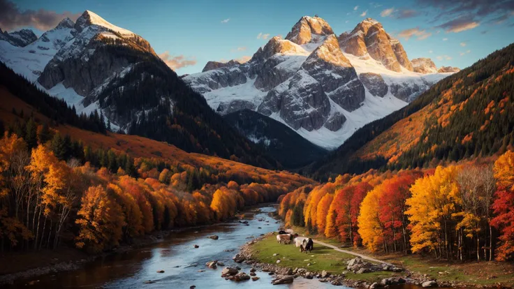 excellent oil painting of a mountain landscape in autumn, vibrant colors, powerfull style with epic dramatism, small willage, young passants and cows, river and lake, best quality, maximum quality, intricate details, ultrasahrp, ambient oclusion, realistic shadows, art by Bastien Lecouffe Deharme, 8k, oil art, <lora:add_detail:1> <lora:royta v1.1:0.4>