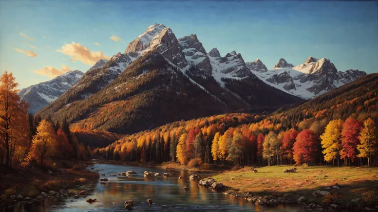 excellent oil painting of a mountain landscape in autumn, vibrant colors, powerfull style with epic dramatism, small willage, young passants and cows, river and lake, best quality, maximum quality, intricate details, ultrasahrp, ambient oclusion, realistic shadows, art by Bastien Lecouffe Deharme, 8k, oil art, <lora:add_detail:1> <lora:royta v1.1:0.4>