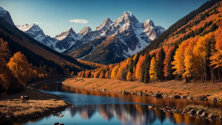 excellent oil painting of a mountain landscape in autumn, vibrant colors, powerfull style with epic dramatism, small willage, young passants and cows, river and lake, best quality, maximum quality, intricate details, ultrasahrp, ambient oclusion, realistic shadows, art by Bastien Lecouffe Deharme, 8k, oil art, <lora:add_detail:1> <lora:royta v1.1:0.4>