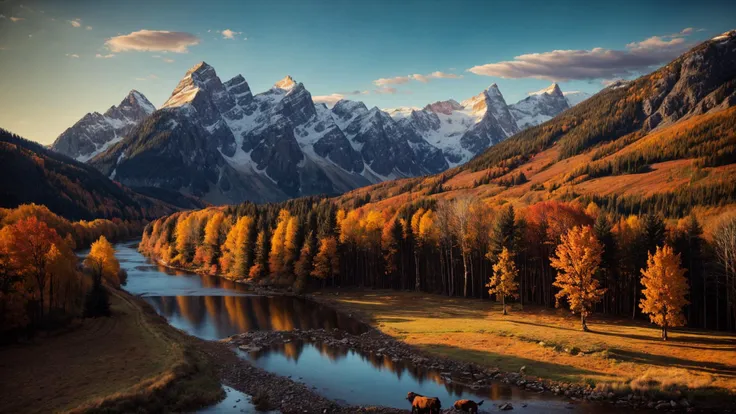 excellent oil painting of a mountain landscape in autumn, vibrant colors, powerfull style with epic dramatism, small willage, young passants and cows, river and lake, best quality, maximum quality, intricate details, ultrasahrp, ambient oclusion, realistic shadows, art by Bastien Lecouffe Deharme, 8k, oil art, <lora:add_detail:1> <lora:royta v1.1:0.4>