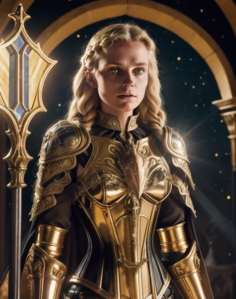 upper body of paladin lady in ornate golden armor, black collar, pauldrons, breastplate, corset, glowing halo, single braid, blonde, yellow glowing eyes, bright pupils, eye focus, red cape, temple indoors, stained glass windows, night, moonlight, particles, light beam, chromatic aberration