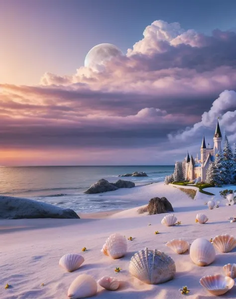 castle, flowers, delicate scene, sky,white clouds,and sunlight shine on the snow-white beach. flowers roses and shiny large shells, diamond crystal, on the beach, fantasy, sky night , moon, smoke , fire, photo, HD, 8K ,
