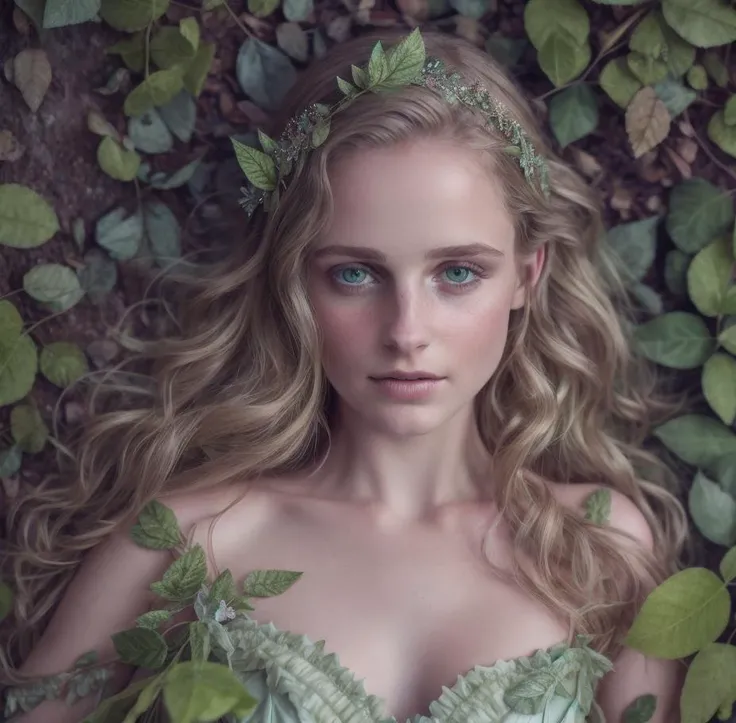 fairy in dress green leaf, ((realism)), extremely high quality RAW photograph, ultra detailed photograph, sharp focus, high resolution, (detailed skin:1,3),high quality, film grain, Fujifilm XT3,Highly Detailed,
