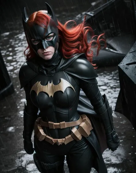 from above, portrait of batgirl, hair red, in heavy power armor, mask black complete, night, rain, cape black, pauldrons, glowing eyes, lightning, film grain