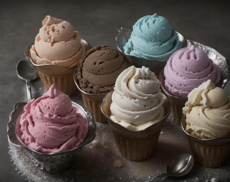 ice cream, intricate detail ,dark background , HD. Photograph , in table((realism)), extremely high quality RAW photograph, ultra detailed photograph, sharp focus, high resolution, (detailed skin:1,3),high quality, film grain, Fujifilm XT3,Highly Detailed, movie, (Cinematic Photo:1.3) of (Realistic:1.3)