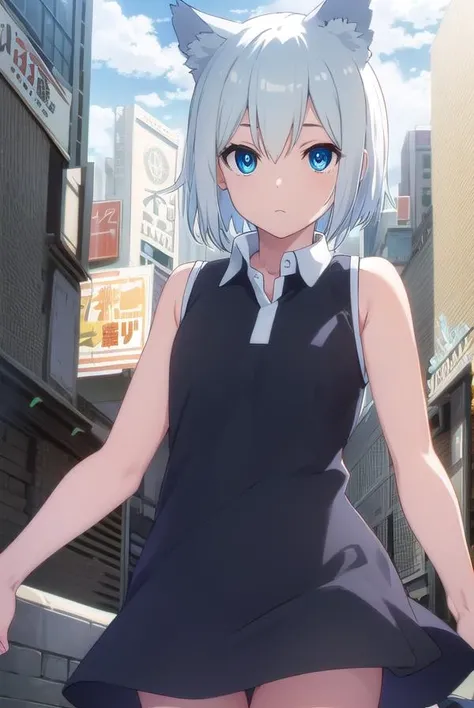 aonanami, <lora:ao nanami hnu-lora-nochekaiser:1>,
ao nanami, short hair, animal ears, cat ears, blue eyes,
BREAK dress, boots, sleeveless, knee boots, (black dress:1.2),
BREAK outdoors, city, sun, clouds,
BREAK looking at viewer, (cowboy shot:1.5),
BREAK <lyco:GoodHands-beta2:1>, (masterpiece:1.2), best quality, high resolution, unity 8k wallpaper, (illustration:0.8), (beautiful detailed eyes:1.6), extremely detailed face, perfect lighting, extremely detailed CG, (perfect hands, perfect anatomy),