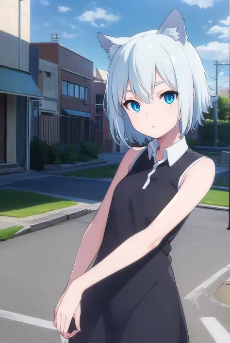 aonanami, <lora:ao nanami hnu-lora-nochekaiser:1>,
ao nanami, short hair, animal ears, cat ears, blue eyes,
BREAK dress, boots, sleeveless, knee boots, (black dress:1.2),
BREAK outdoors, city, sun, clouds,
BREAK looking at viewer, (cowboy shot:1.5),
BREAK <lyco:GoodHands-beta2:1>, (masterpiece:1.2), best quality, high resolution, unity 8k wallpaper, (illustration:0.8), (beautiful detailed eyes:1.6), extremely detailed face, perfect lighting, extremely detailed CG, (perfect hands, perfect anatomy),