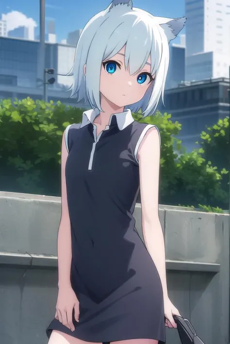 aonanami, <lora:ao nanami hnu-lora-nochekaiser:1>,
ao nanami, short hair, animal ears, cat ears, blue eyes,
BREAK dress, boots, sleeveless, knee boots, (black dress:1.2),
BREAK outdoors, city, sun, clouds,
BREAK looking at viewer, (cowboy shot:1.5),
BREAK <lyco:GoodHands-beta2:1>, (masterpiece:1.2), best quality, high resolution, unity 8k wallpaper, (illustration:0.8), (beautiful detailed eyes:1.6), extremely detailed face, perfect lighting, extremely detailed CG, (perfect hands, perfect anatomy),